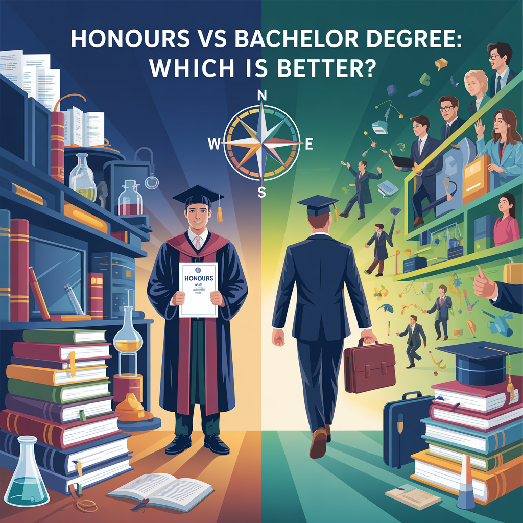 Create a professional educational comparison image titled "Honours vs Bachelor Degree: Which Is Better?" with a split-screen design comparing two academic paths. On the left side, show an Honours Degree path with a graduate in formal academic regalia holding a diploma with "HONOURS" visible, surrounded by research papers, scholarly books, and laboratory equipment against a deep blue and gold background suggesting prestige and academic depth. On the right side, show a Bachelor's Degree path with a professionally dressed graduate entering a diverse workplace, surrounded by various career symbols and practical applications against a vibrant green and teal background suggesting growth and immediate opportunity. In the center, include a compass or directional sign where the paths meet, with subtle academic symbols (graduation cap, books) balanced with professional symbols (briefcase, networking). The design should be clean, educational, balanced in perspective, and appeal to prospective students making decisions about their academic future.