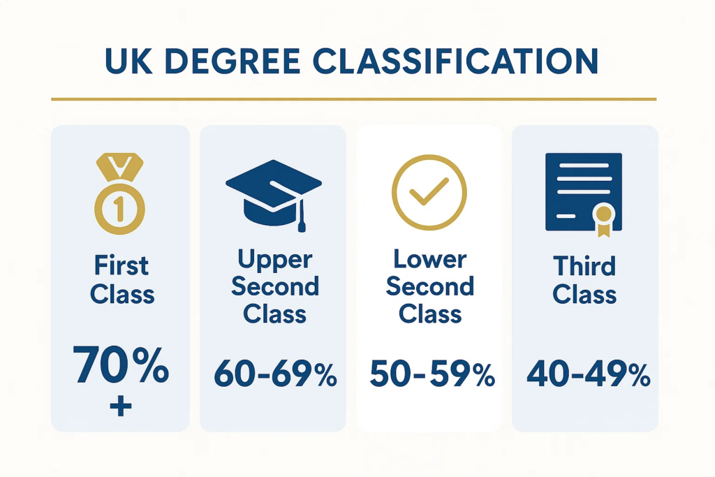 professional infographic showing the UK degree classification system with four main categories: First Class (70%+), Upper Second Class (60-69%), Lower Second Class (50-59%), and Third Class (40-49%). Use blue and gold color scheme with percentage breakdowns and simple icons for each classification level.