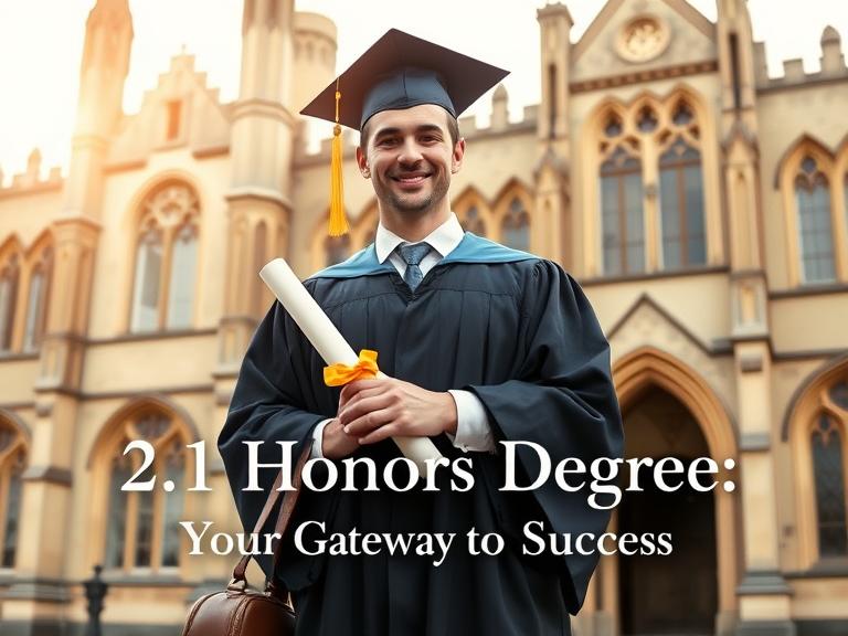 A professional photograph featuring a graduate in traditional UK academic regalia (cap and gown) holding a rolled diploma with a gold '2:1' embossed ribbon. The graduate stands proudly in front of a classic British university building with Gothic or Georgian architecture. The image should include subtle visual elements representing career paths like a briefcase, graduation cap, and postgraduate mortarboard, arranged in an upward trajectory to symbolize progression. The lighting should be bright and optimistic with a slight golden hour glow, creating a professional yet aspirational atmosphere. Include the text '2.1 Honors Degree: Your Gateway to Success' elegantly overlaid in a modern serif font